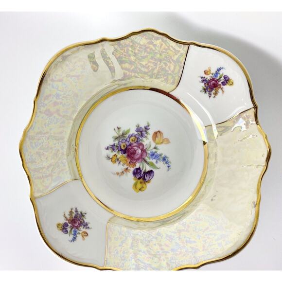 Rare Bernadotte Czech Square Serving Bowl 9" Floral/Iridescent Gold Vintage - Picture 3 of 11